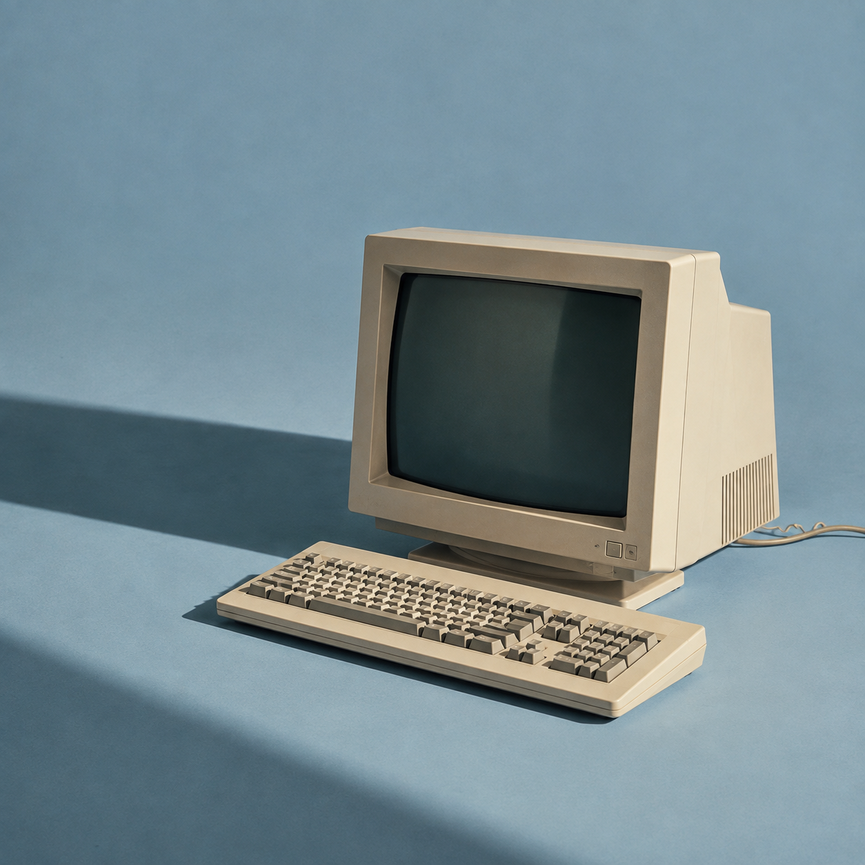 intage desktop computer and keyboard against a blue background